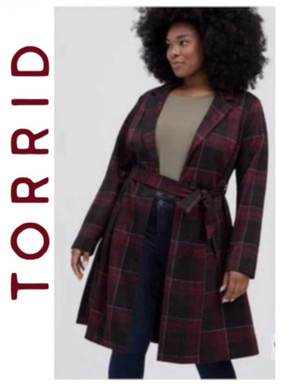 1X Torrid Burgundy/Black Single-Button Textured Plaid Trench Coat